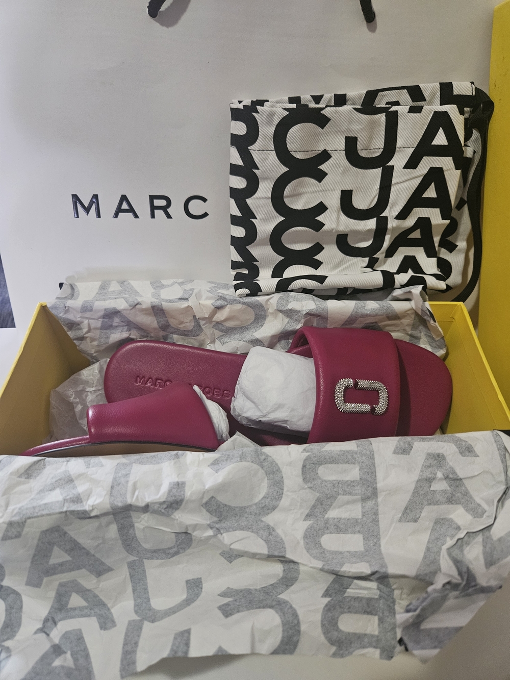 Marc Jacobs Fuchsia Slide Sandals with Crystal Logo Accent - Picture 9 of 11